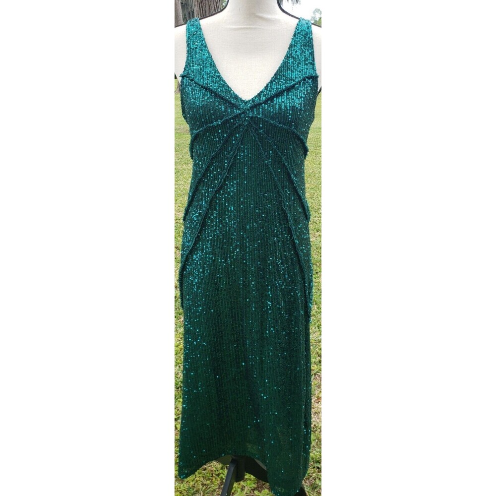 Zara Green Sequin Coctail Party Dress Sleeveless Size Small Spider Web Stiching